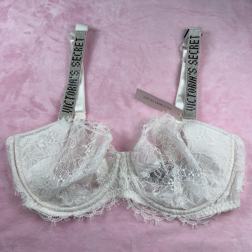 Victoria's Secret Very Sexy Push Up Lace Bra White Shimmer‎ Strap 36D NWT